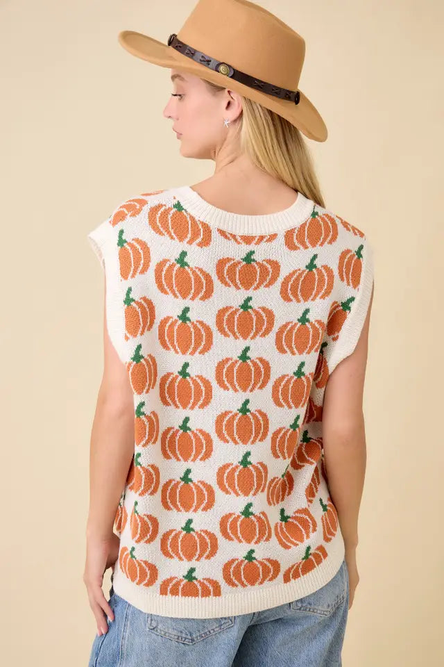 Pumpkin Print Sleevless Sweater Knit Top