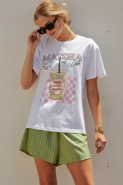 Matcha Iced Latte Graphic Tee & Striped Shorts Set