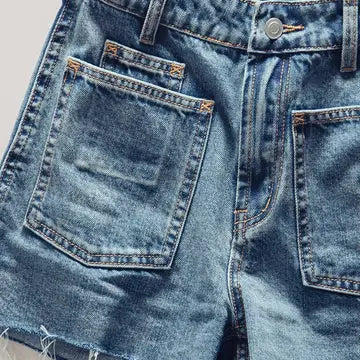 High Rise Patch Pocket Denim Shorts