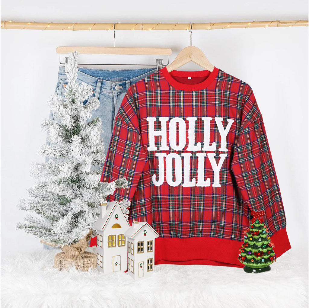 Ruby Red Plaid Holly Jolly Sequin Sweatshirt
