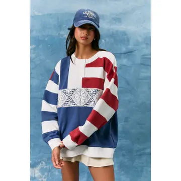 Red White Blue Lace Trim Sweatshirt