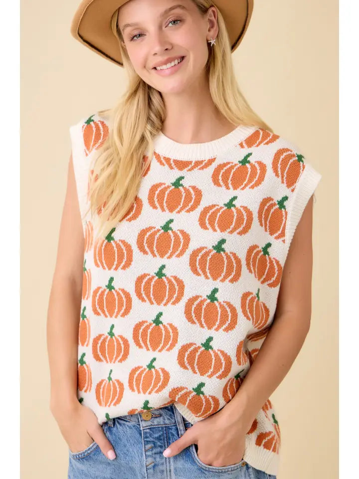 Pumpkin Print Sleevless Sweater Knit Top