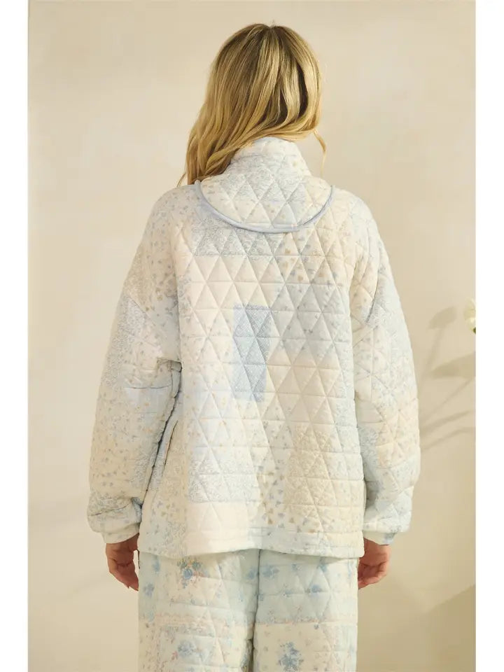 Blue Floral Quilted Quarter Zip Pullover
