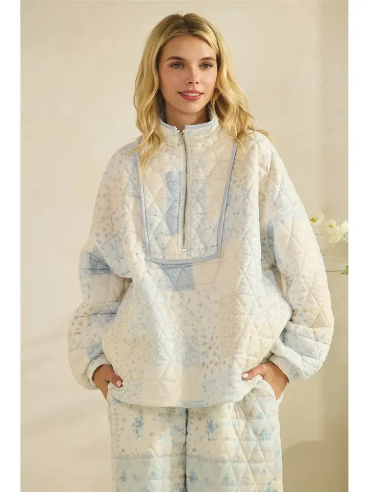 Blue Floral Quilted Quarter Zip Pullover
