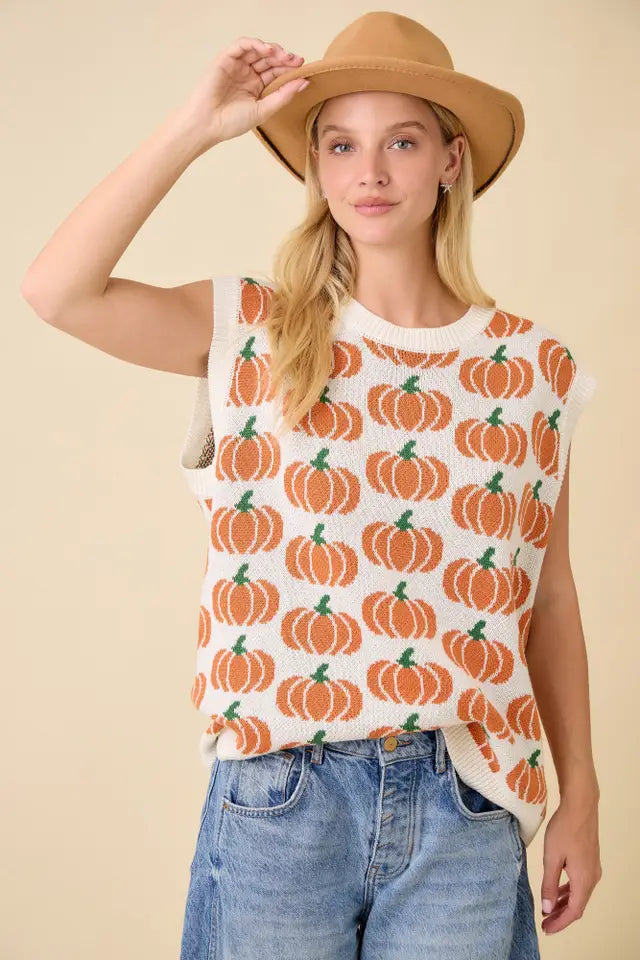 Pumpkin Print Sleevless Sweater Knit Top