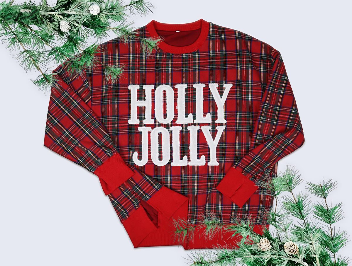 Ruby Red Plaid Holly Jolly Sequin Sweatshirt