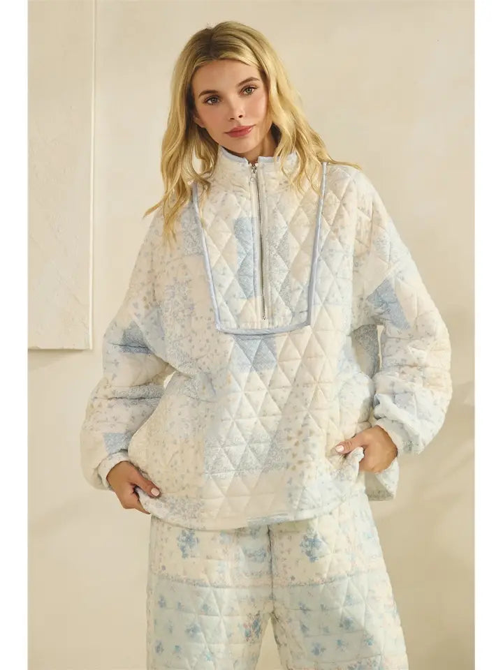 Blue Floral Quilted Quarter Zip Pullover
