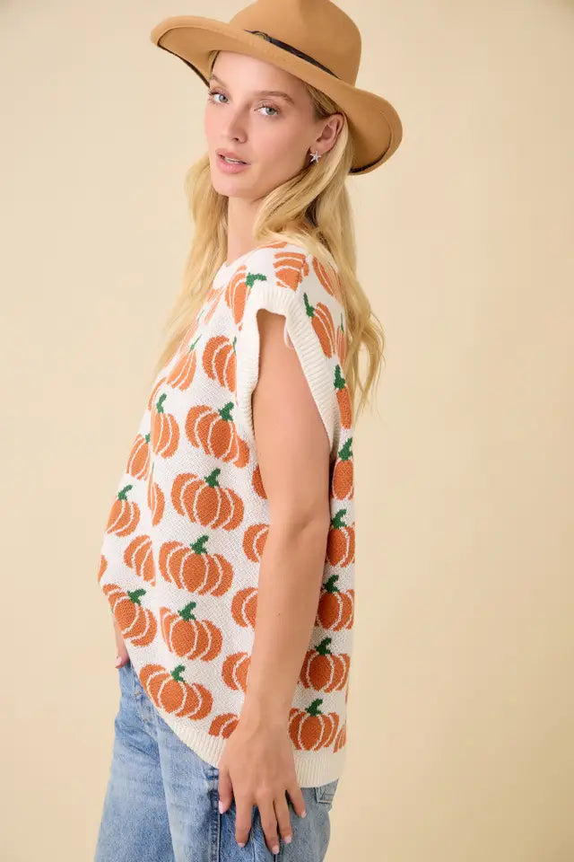 Pumpkin Print Sleevless Sweater Knit Top