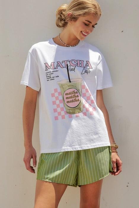 Matcha Iced Latte Graphic Tee & Striped Shorts Set
