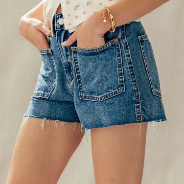 High Rise Patch Pocket Denim Shorts