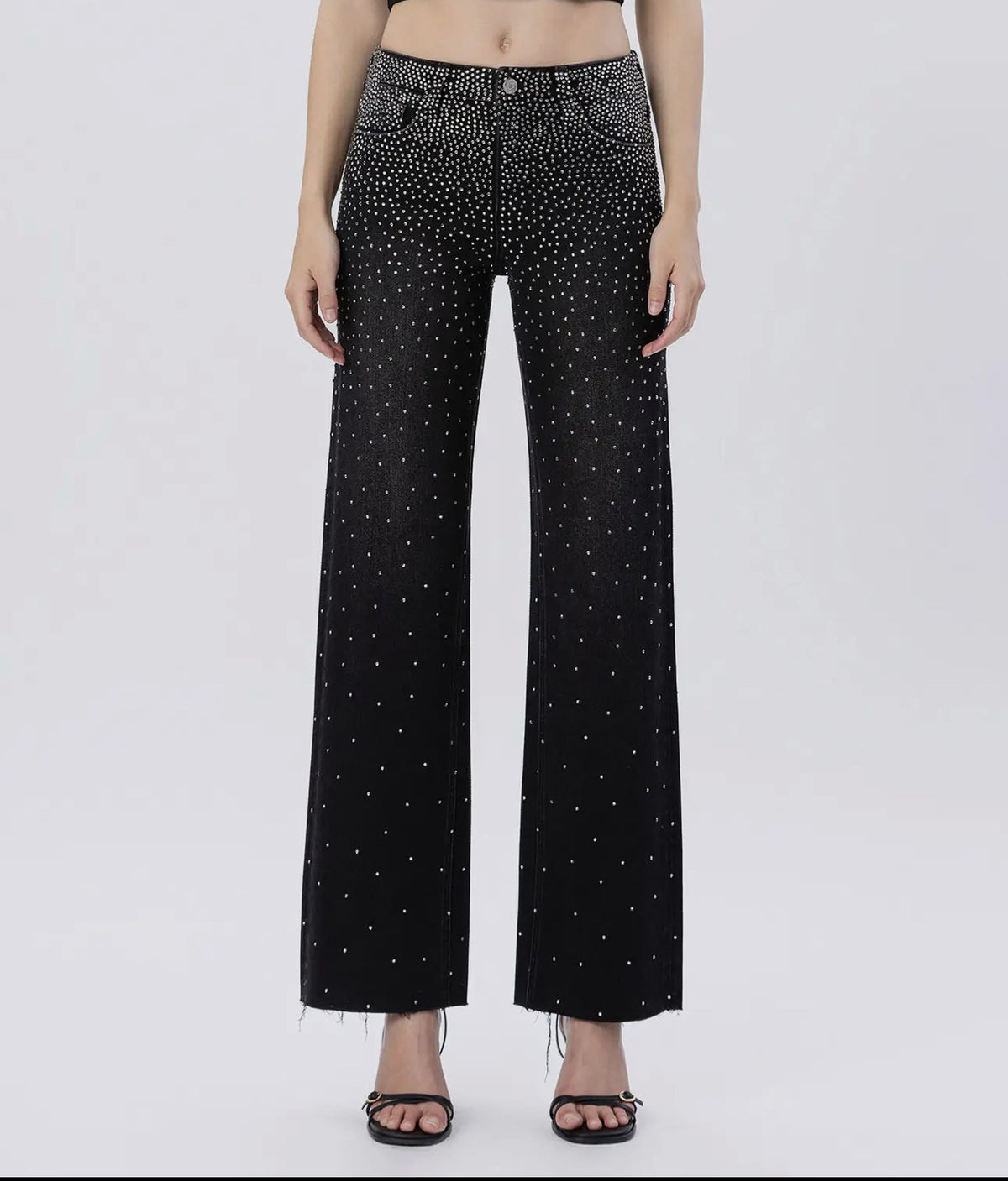 Rhinestone High Rise Raw Hem Wide Leg Jean