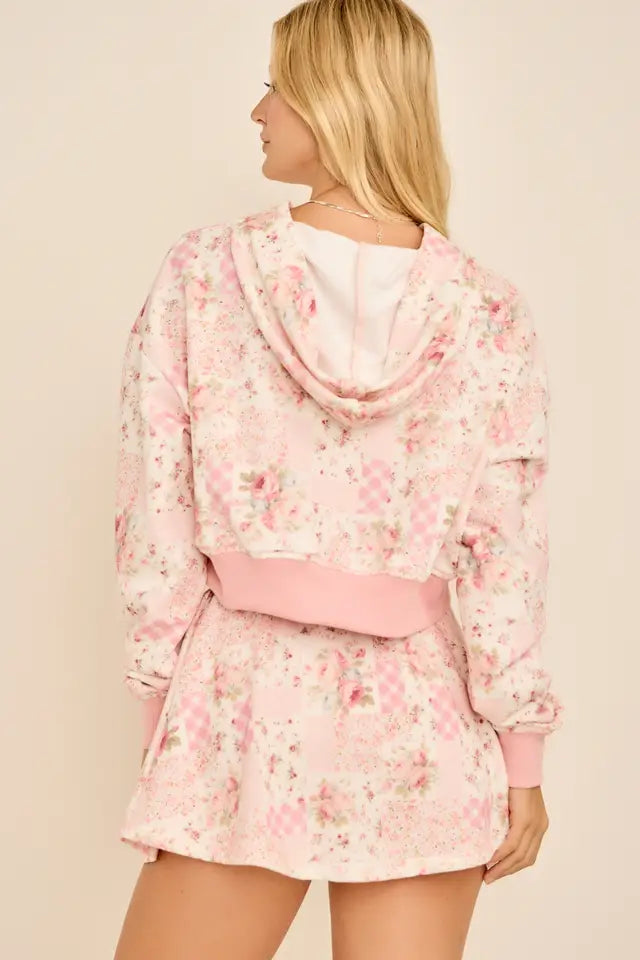 Floral Patchwork Cropped Hoodie & Skort Set