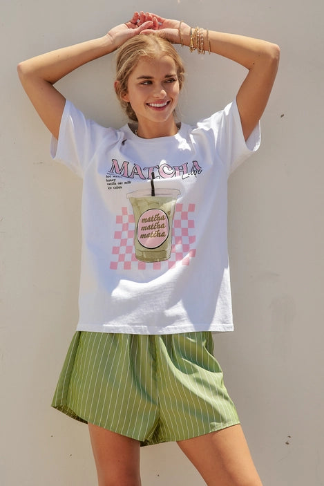 Matcha Iced Latte Graphic Tee & Striped Shorts Set