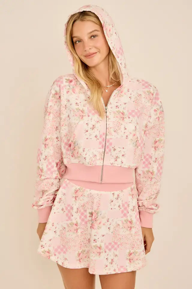 Floral Patchwork Cropped Hoodie & Skort Set