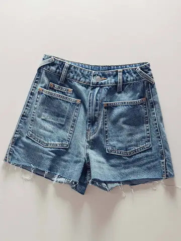High Rise Patch Pocket Denim Shorts