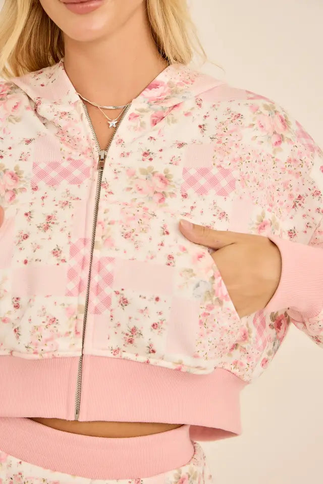 Floral Patchwork Cropped Hoodie & Skort Set