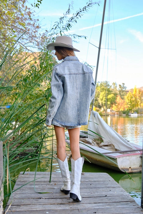Luxury Sparkle Rhinestone Stripe Denim Jacket