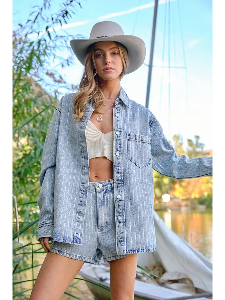 Luxury Sparkle Rhinestone Stripe Denim Jacket