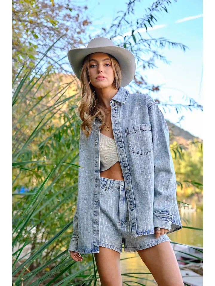 Luxury Sparkle Rhinestone Stripe Denim Jacket
