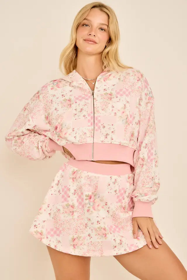 Floral Patchwork Cropped Hoodie & Skort Set