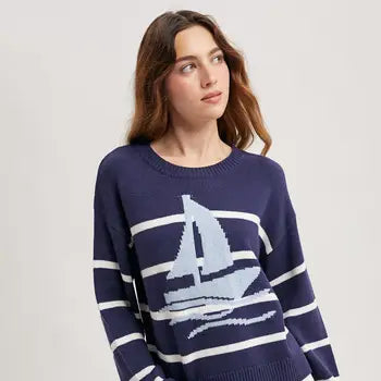 Navy & White Sailboat Striped Knit Sweater