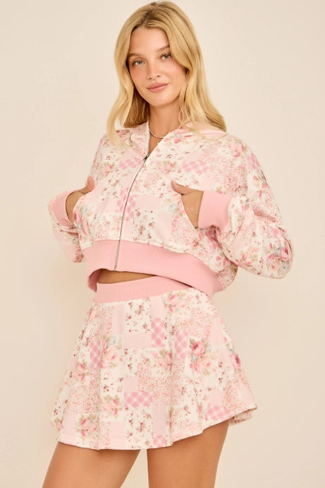 Floral Patchwork Cropped Hoodie & Skort Set