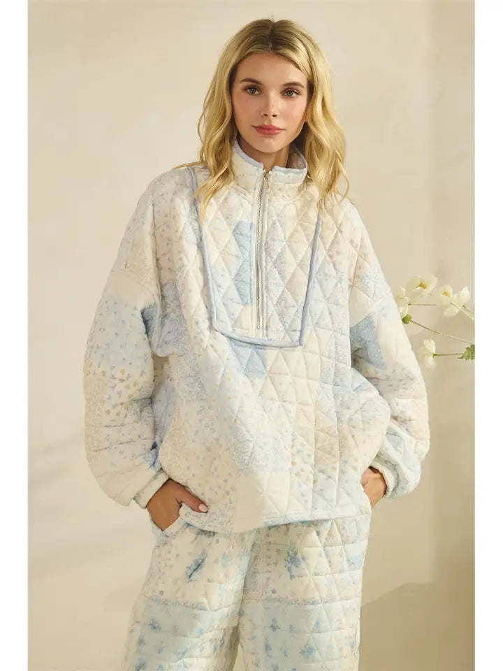 Blue Floral Quilted Quarter Zip Pullover