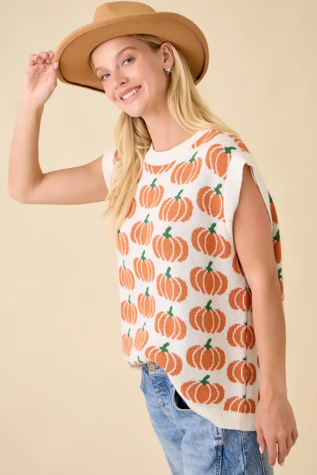 Pumpkin Print Sleevless Sweater Knit Top