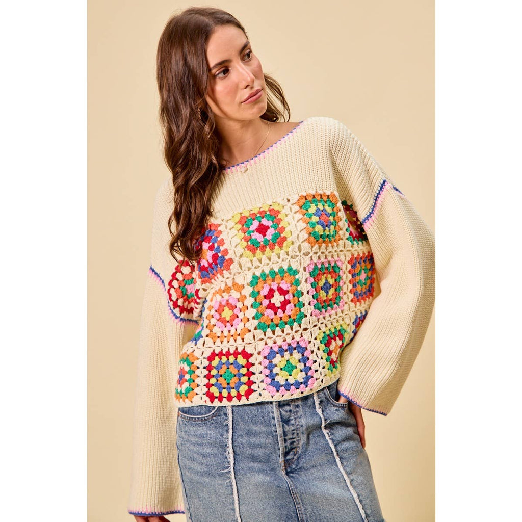 Multicolor Square Crochet Sweater Top