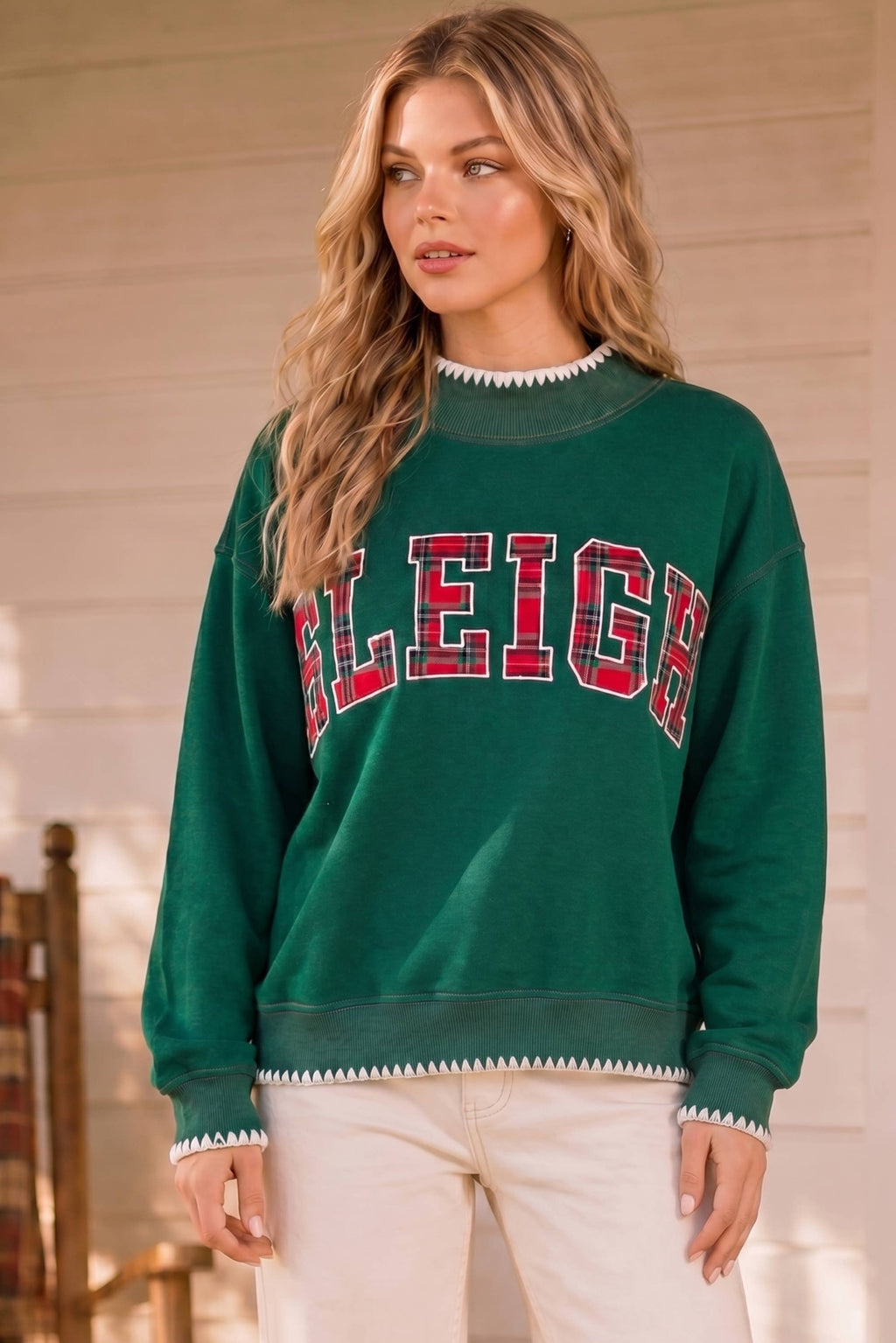 SLEIGH Plaid Appliqué Mock Neck Holiday Sweatshirt
