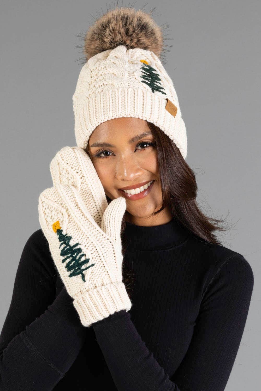 Embroidered Christmas Tree Cable Knit Mittens