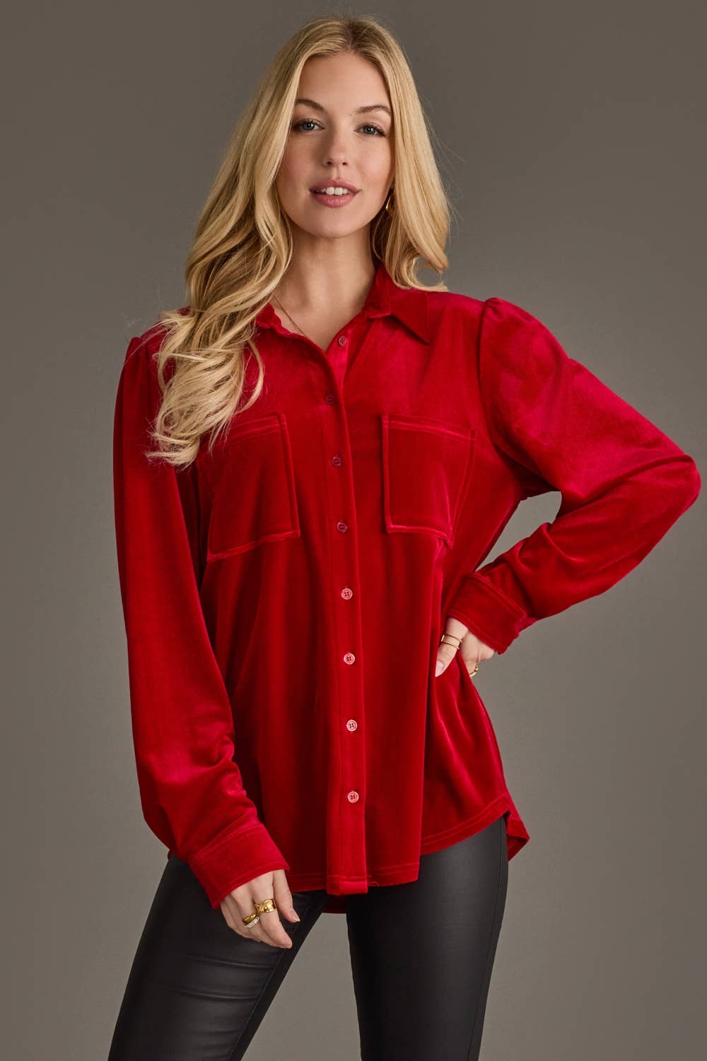 Ruby Red Velvet Button Up