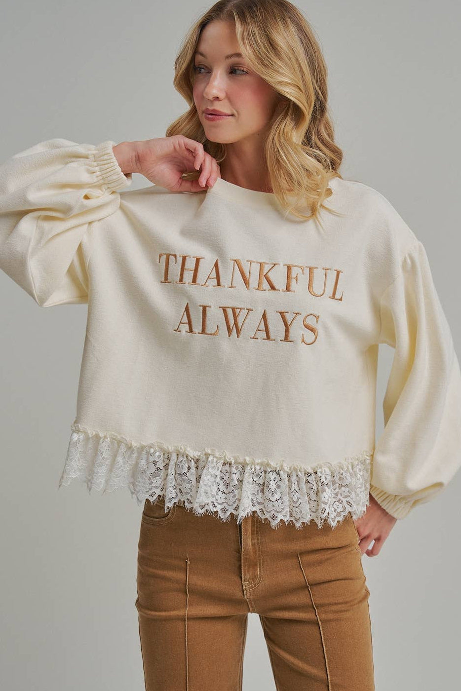 Thankful Always Lace Trim Sweatshirt