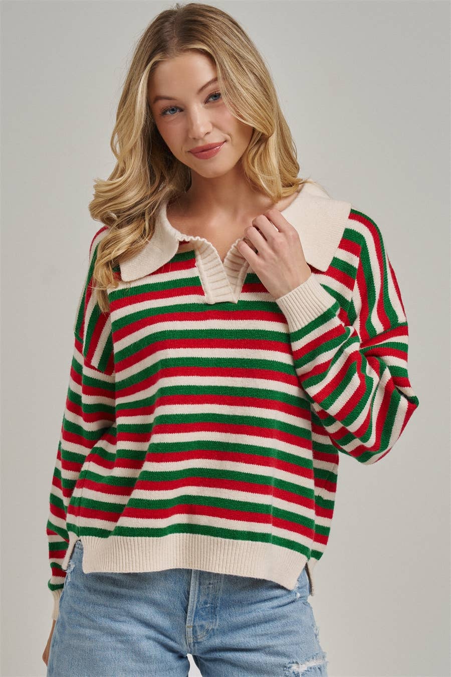 Retro Christmas Striped Collared Sweater
