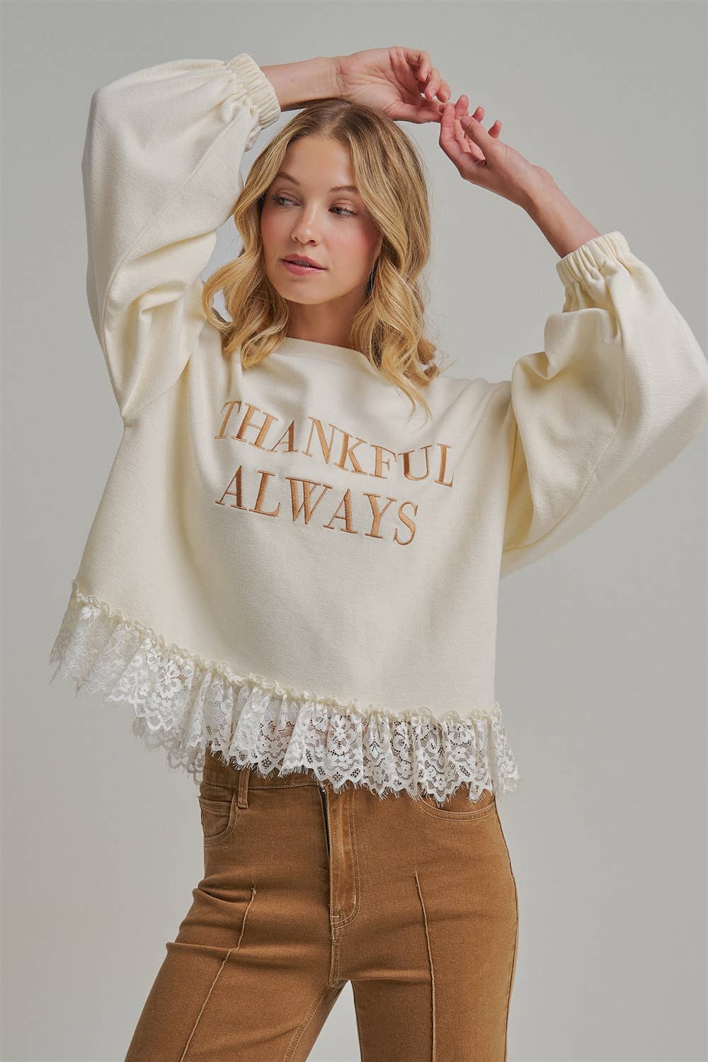 Thankful Always Lace Trim Sweatshirt