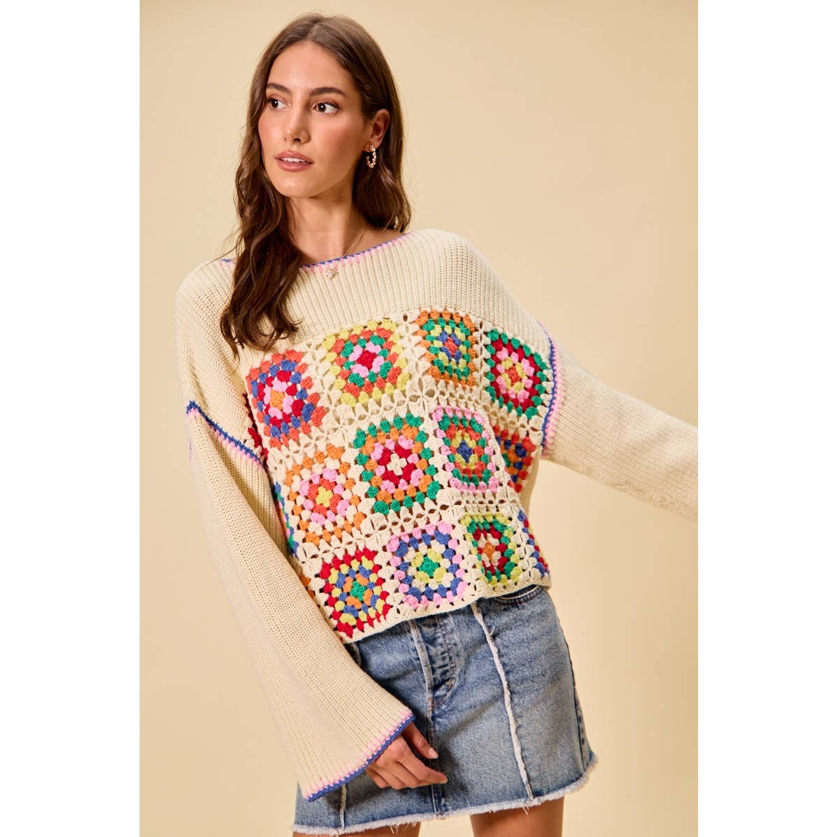 Multicolor Square Crochet Sweater Top