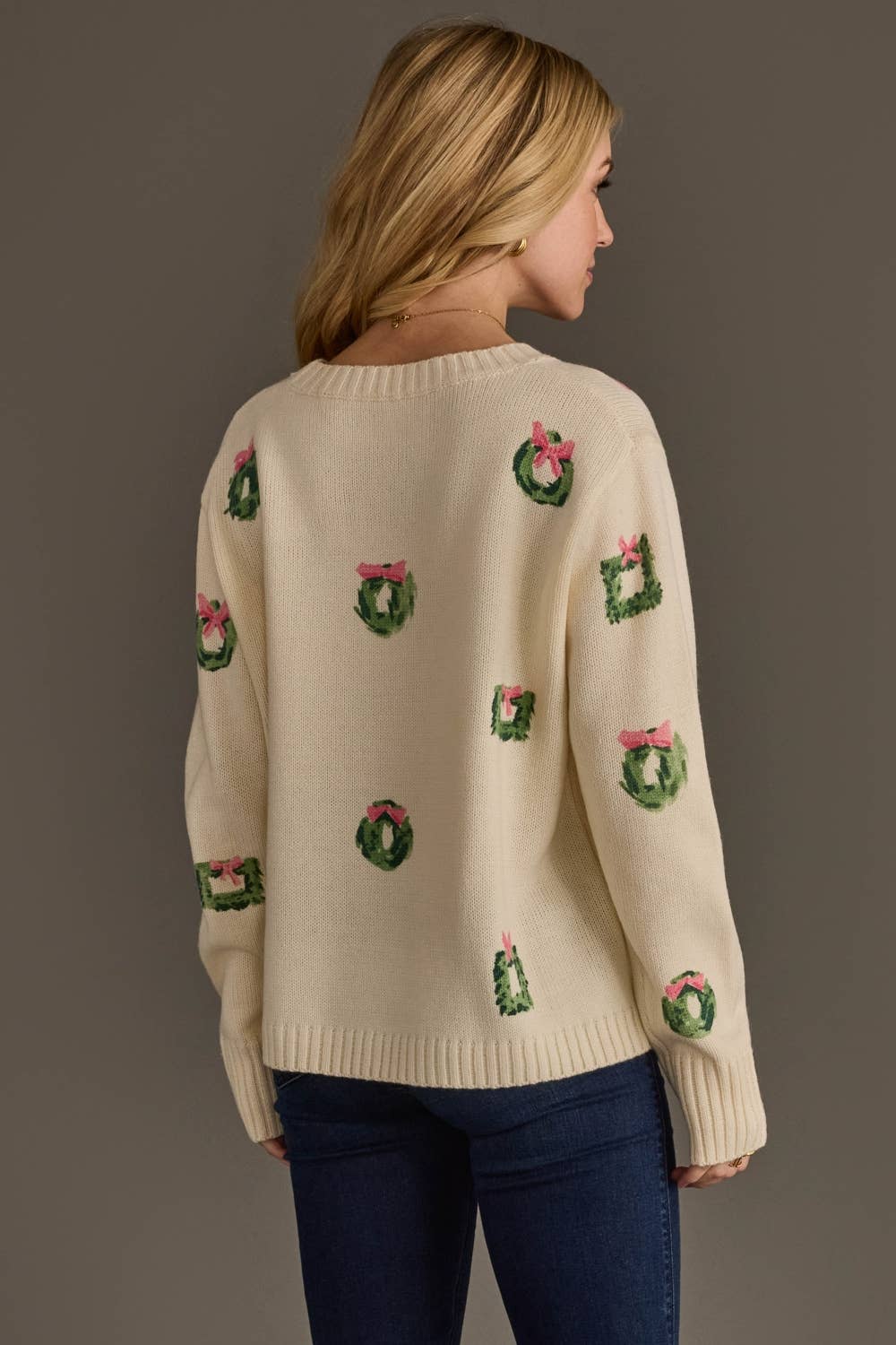 Ivory Wreath Sweater with Pink Bows