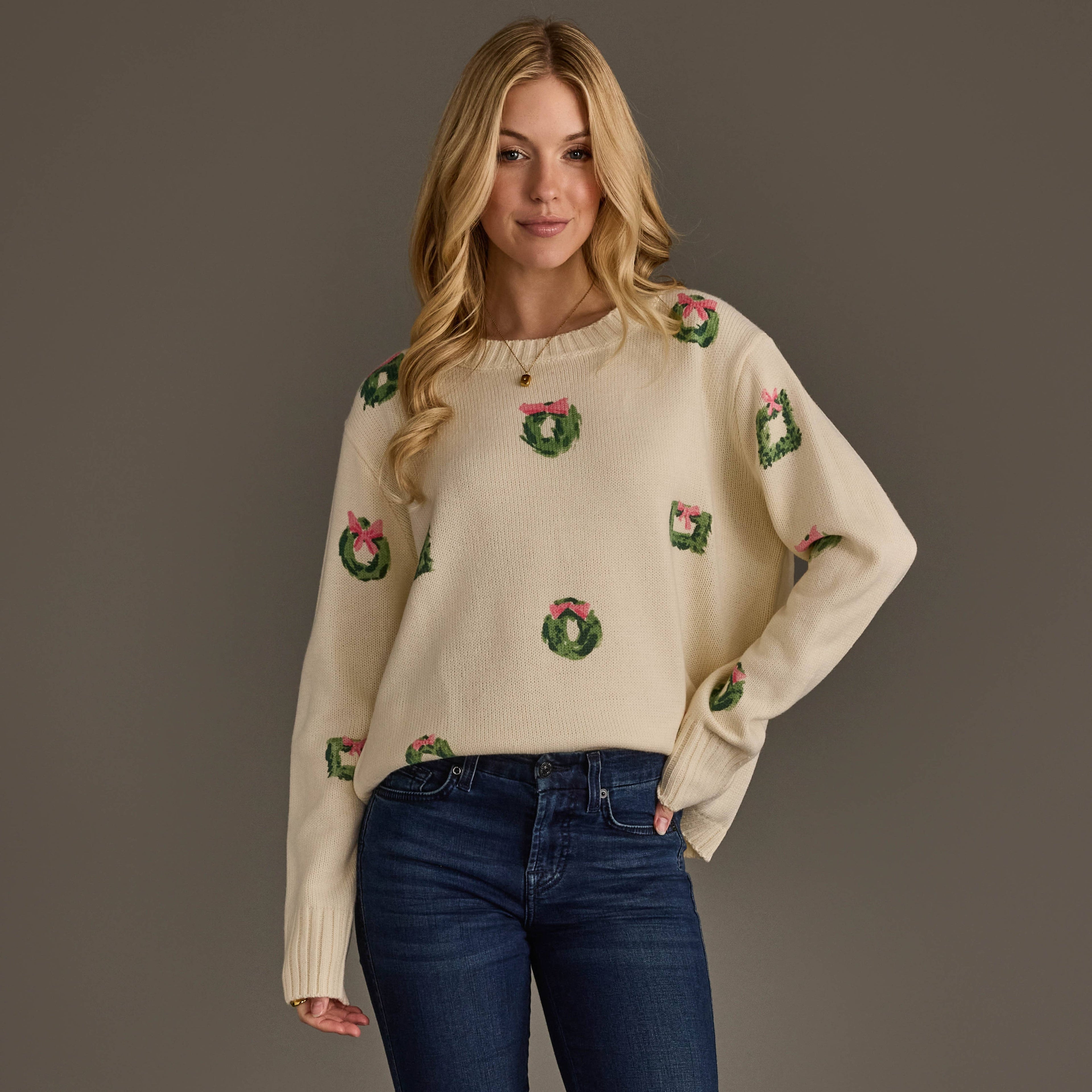Ivory Wreath Sweater with Pink Bows
