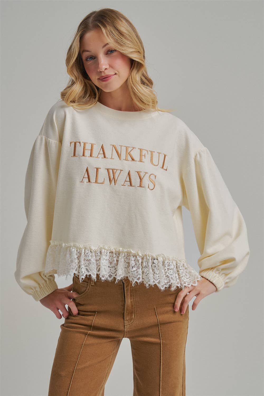 Thankful Always Lace Trim Sweatshirt