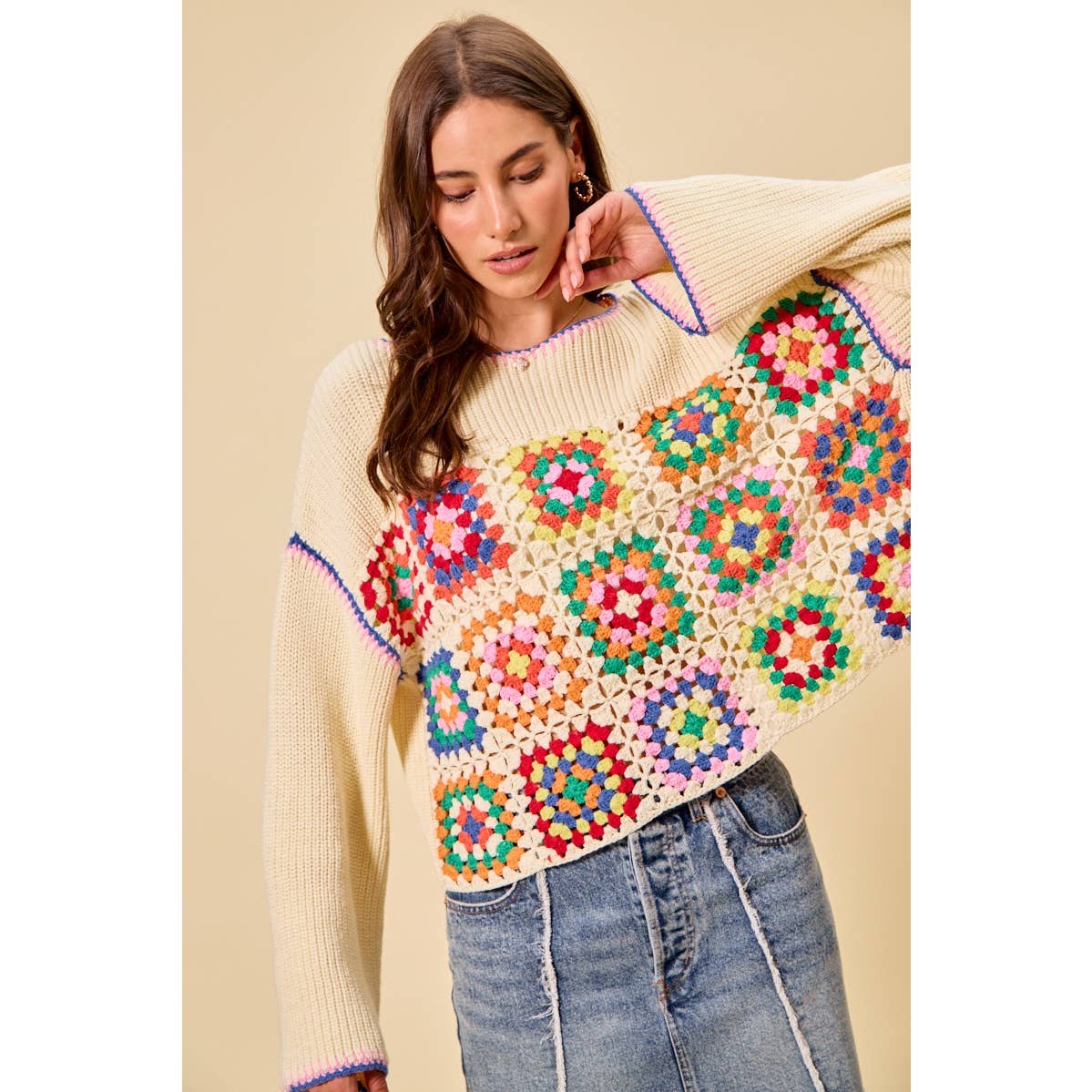 Multicolor Square Crochet Sweater Top