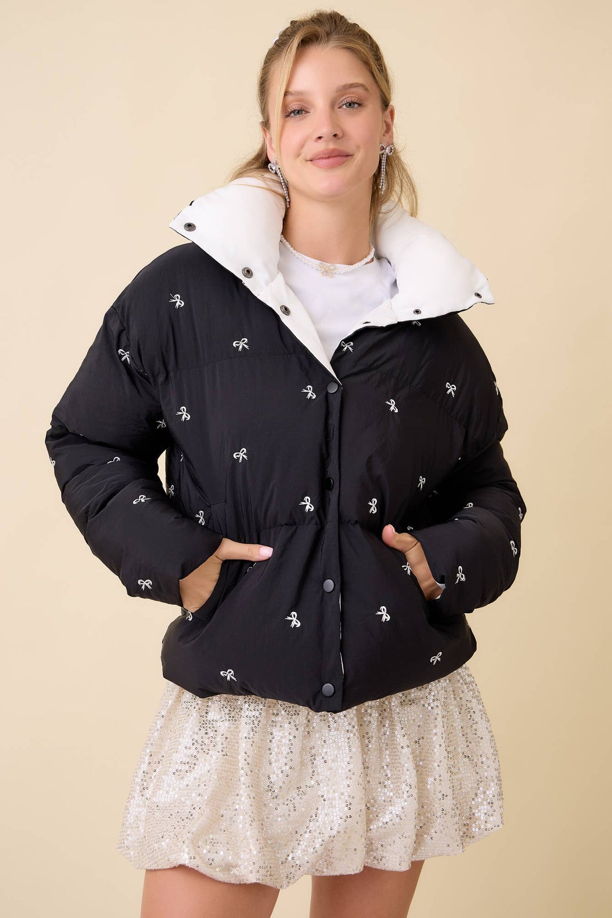 Black Bow Embroidered Puffer Jacket