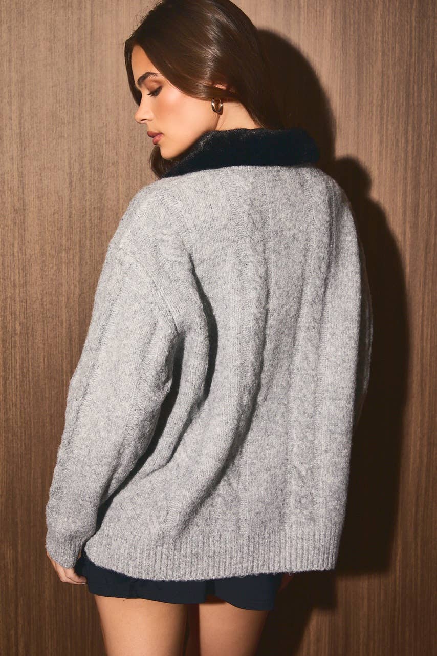 Frosted Luxe Cable Knit Faux Fur Collar Cardigan