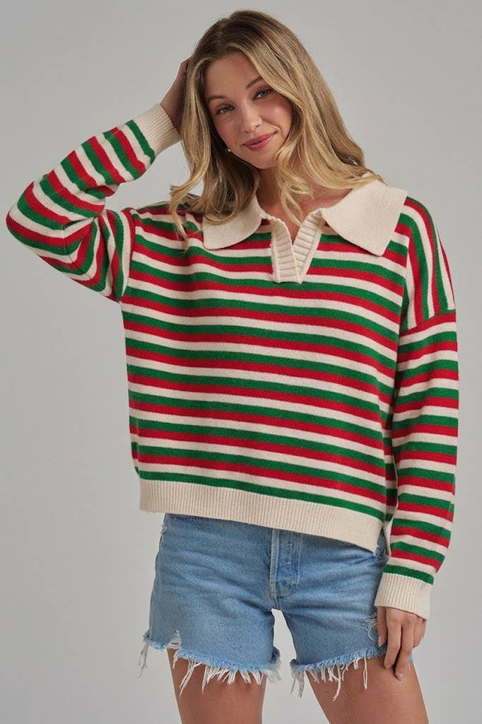 Retro Christmas Striped Collared Sweater