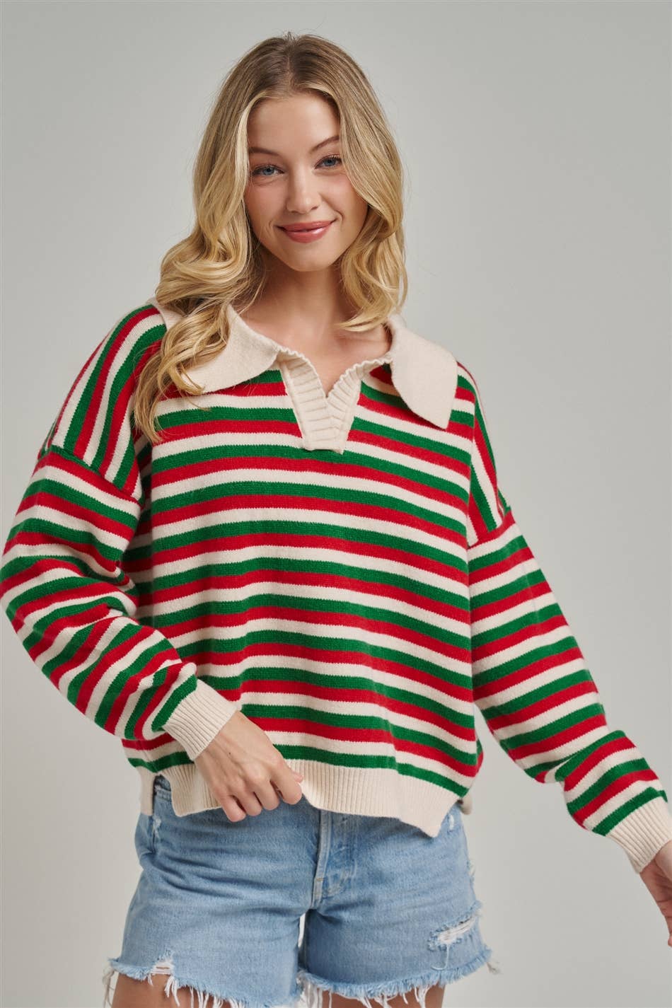 Retro Christmas Striped Collared Sweater