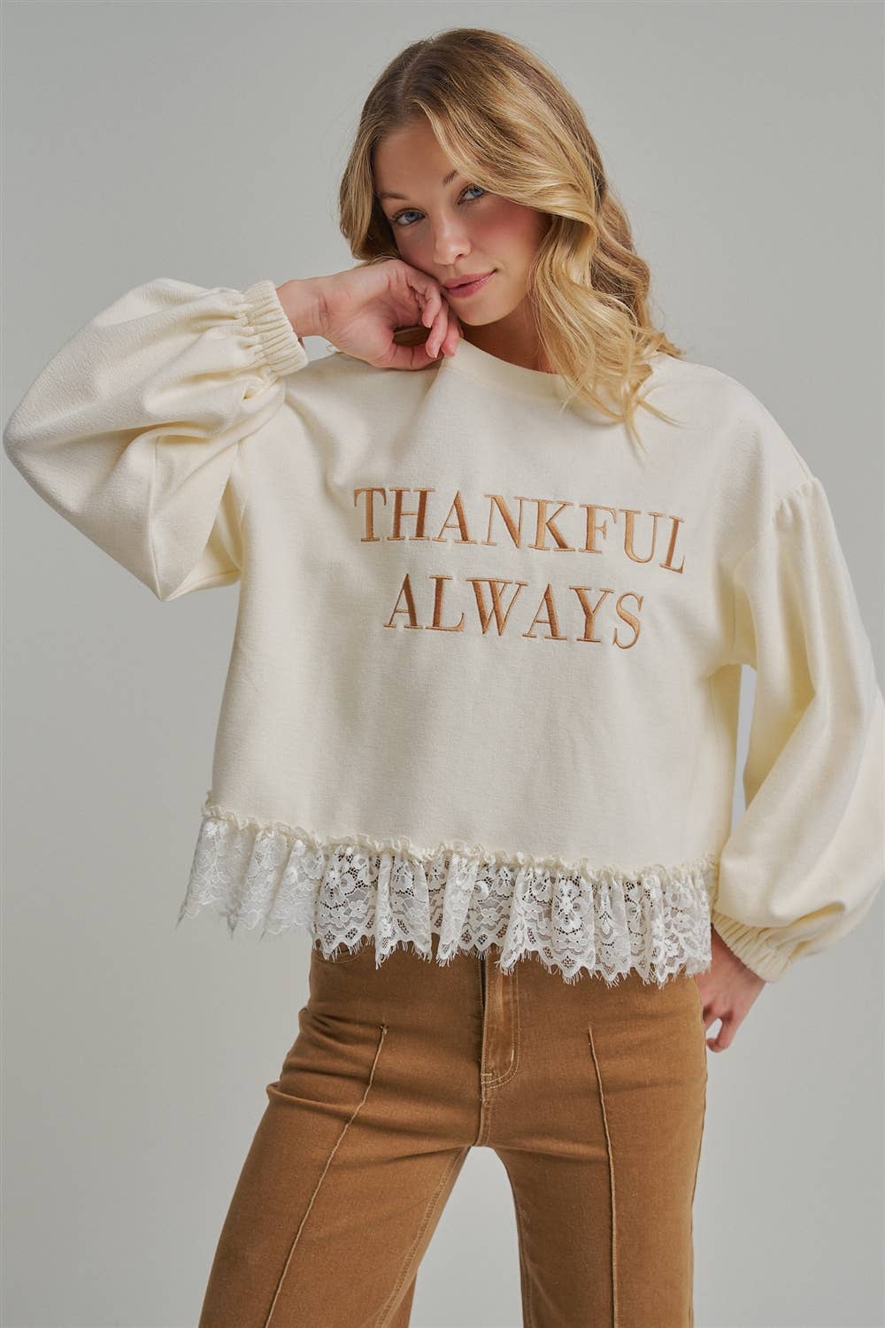 Thankful Always Lace Trim Sweatshirt