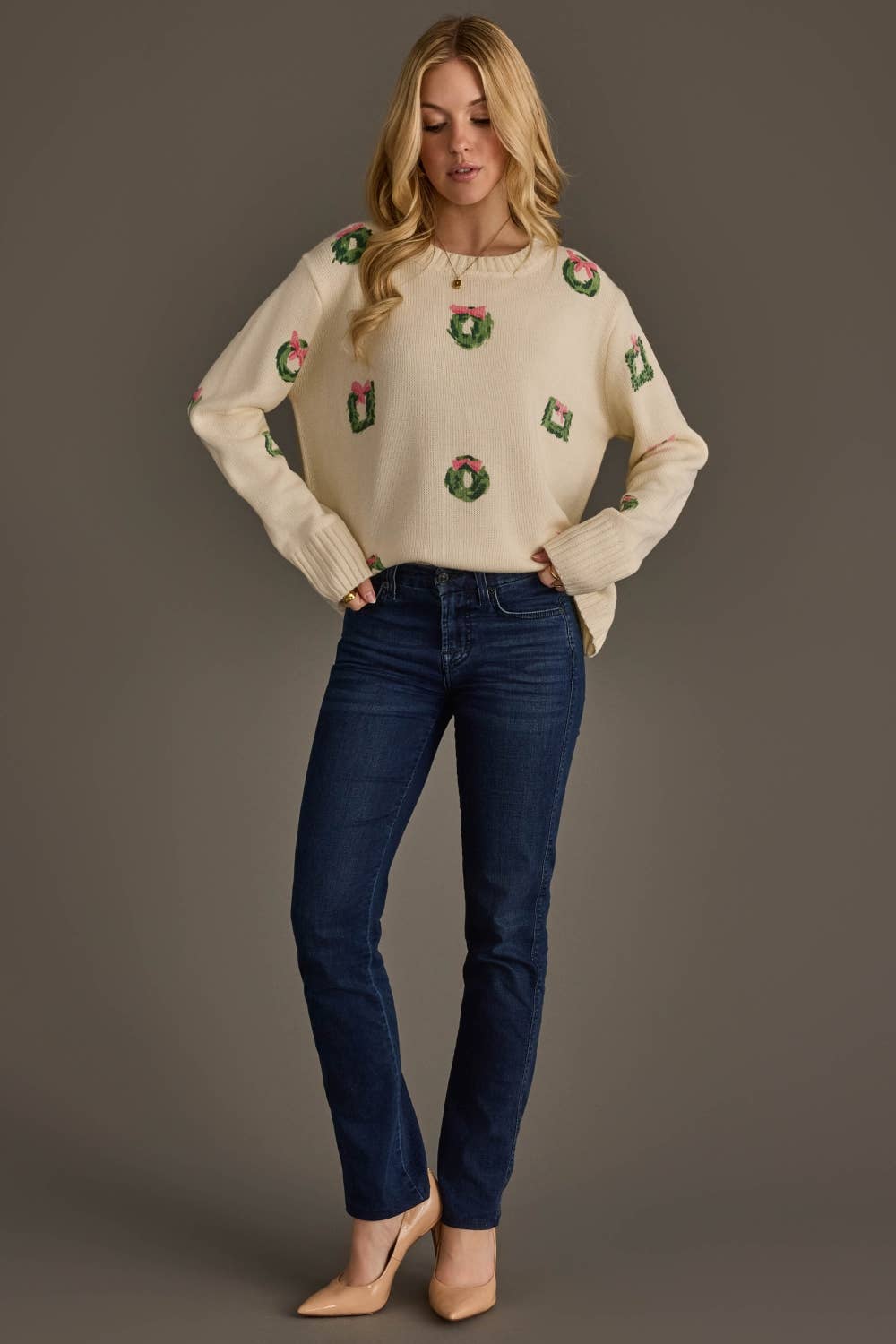 Ivory Wreath Sweater with Pink Bows