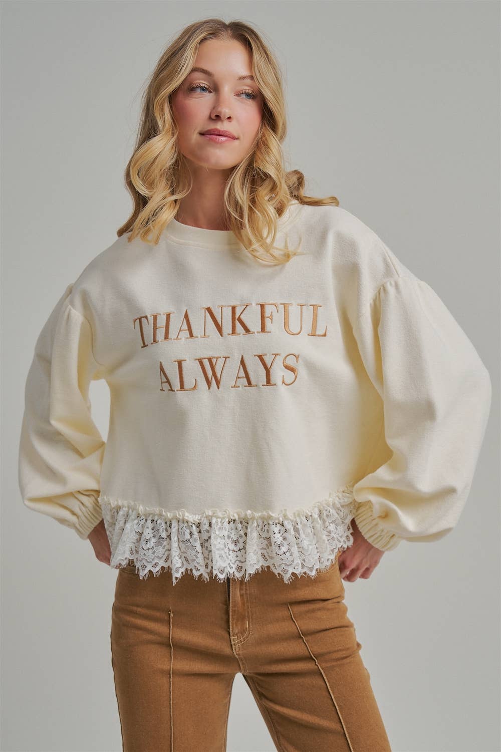 Thankful Always Lace Trim Sweatshirt