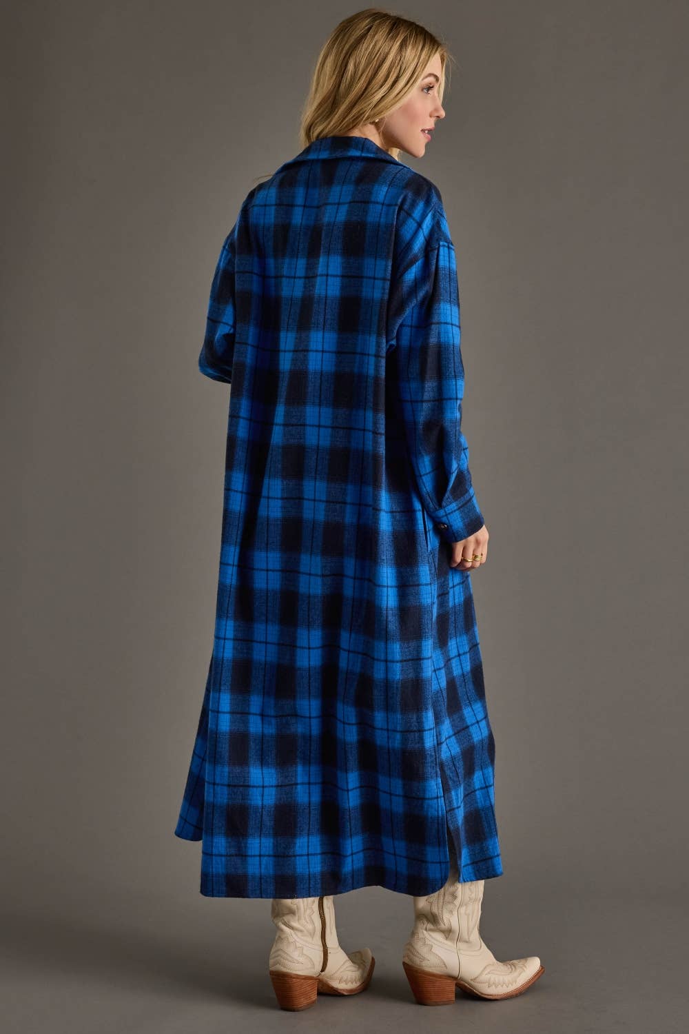 Blue & Black Plaid Long Shacket