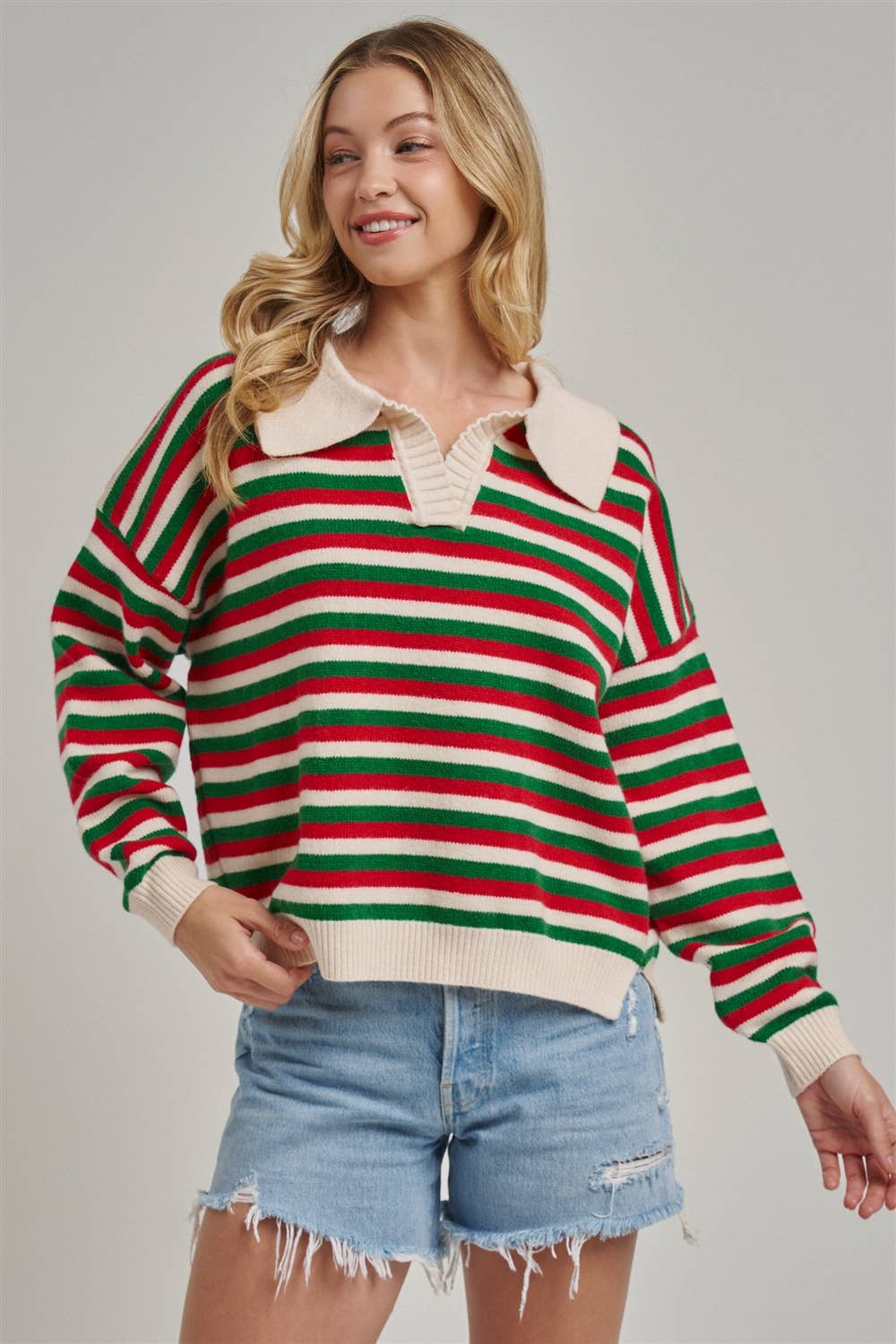 Retro Christmas Striped Collared Sweater