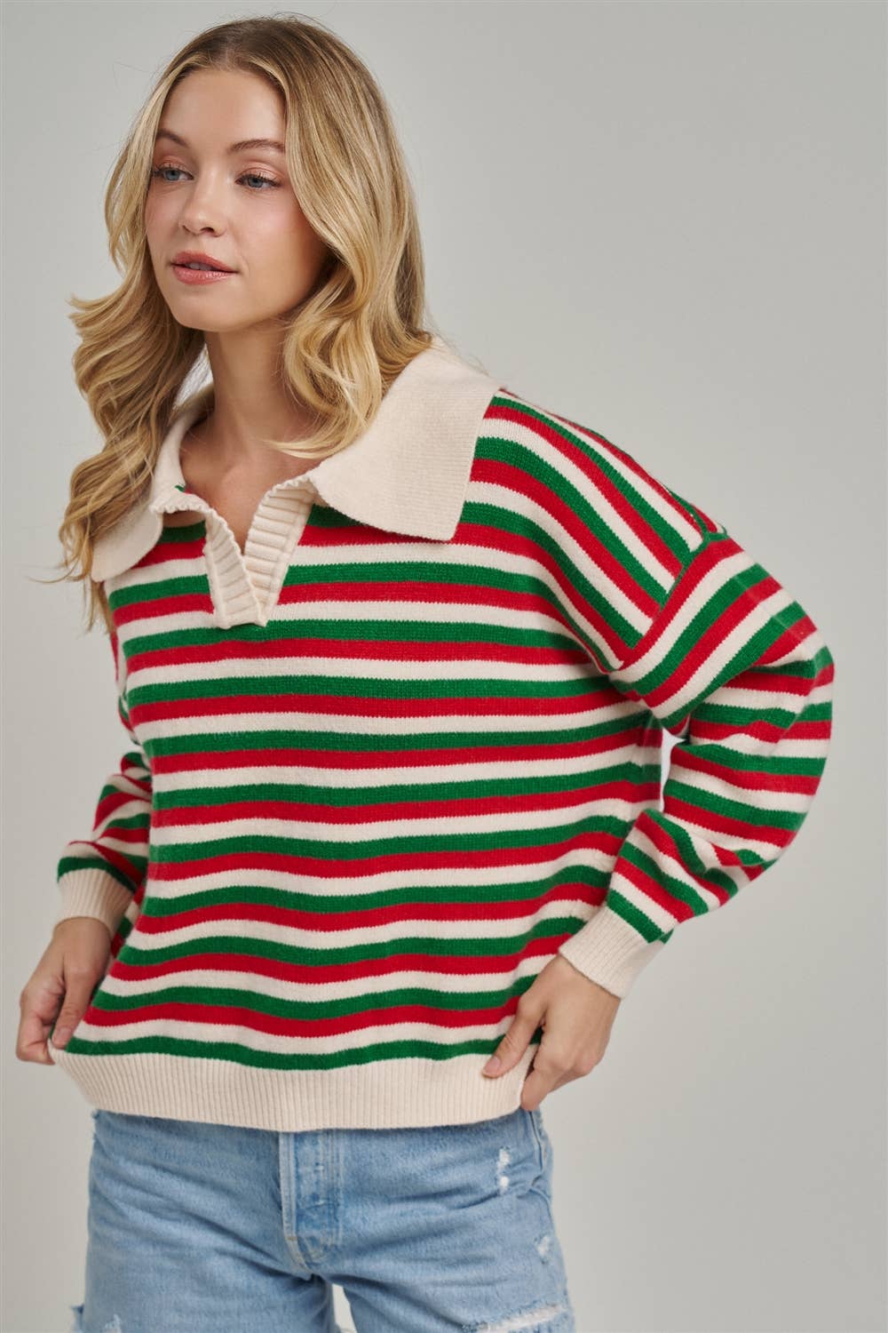 Retro Christmas Striped Collared Sweater
